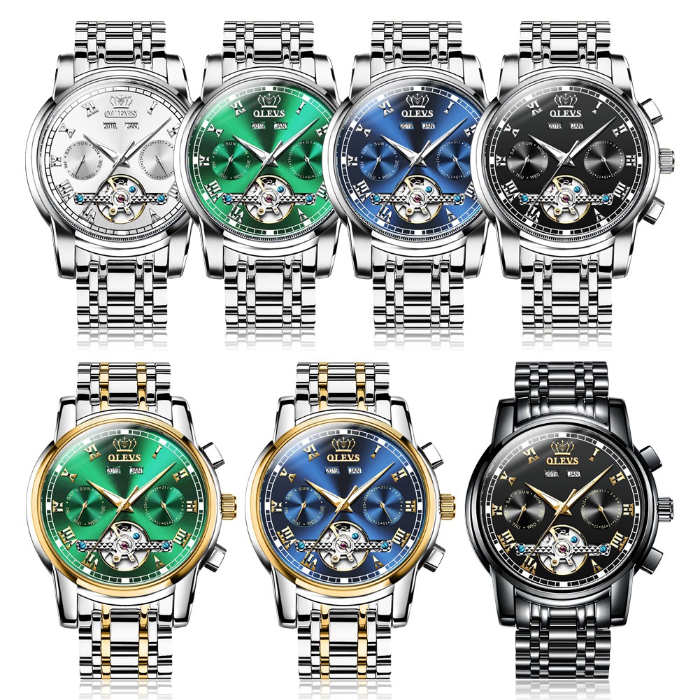 OLEVS Automatic Mechanical Men Watches Stainless Steel Waterproof Date Week Green Fascio Classic Wristwatches Reloj Hombre