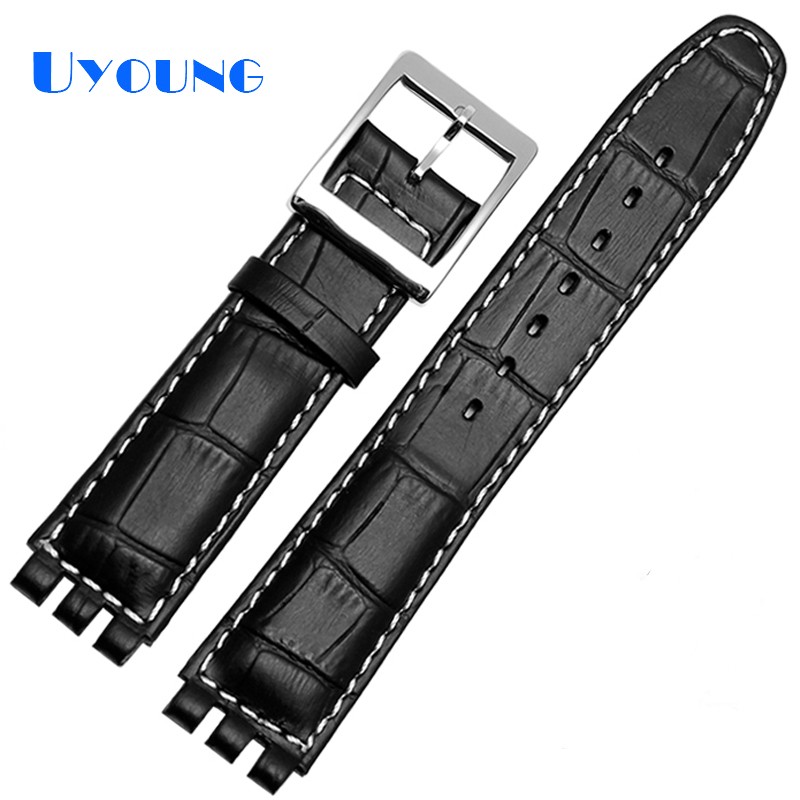 High Quality Luxury 17mm 19mm Waterproof Genuine Leather Watch Strap Band for Swatch Crocodile Pattern Leather Strap Men Blue Red