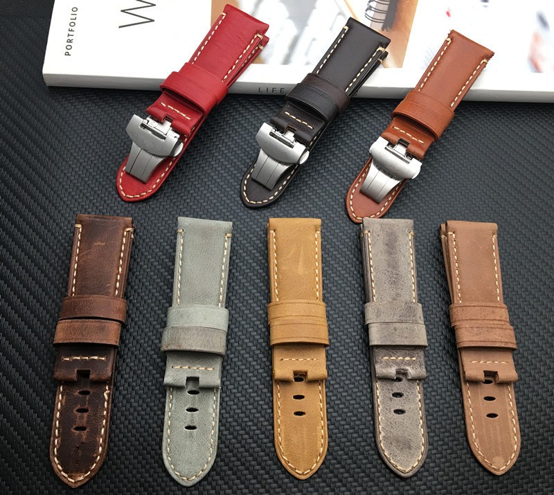 Top Quality 24mm Brown Gray Vintage Retro Italy Genuine Leather Watchband for Panerai Strap Watch Band Butterfly Buckle Strap