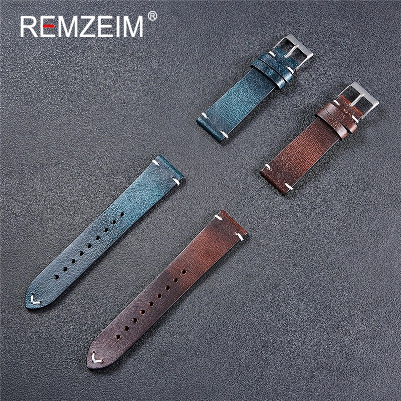 REMZEIM 18mm 20mm 22mm High-end Retro 100% Calfskin Leather Watch Band Watch Strap With Genuine Leather Straps 7 Colors