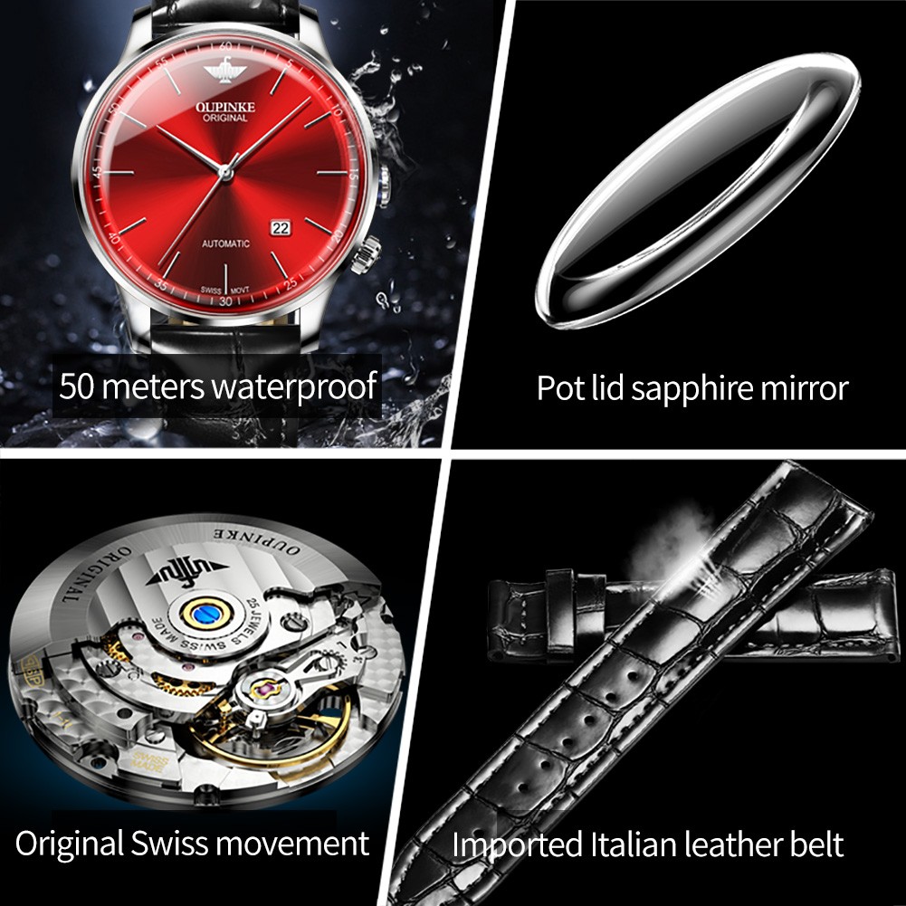 OUPINKE Swiss big brand automatic mechanical watch leather fashion luxury business casual waterproof sapphire calendar watch