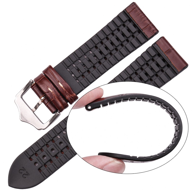 HENGRC - Cowhide Leather and Silicone Bracelet for Men and Women, Breathable, Water Resistant, Watch Accessories, 18 20 22mm