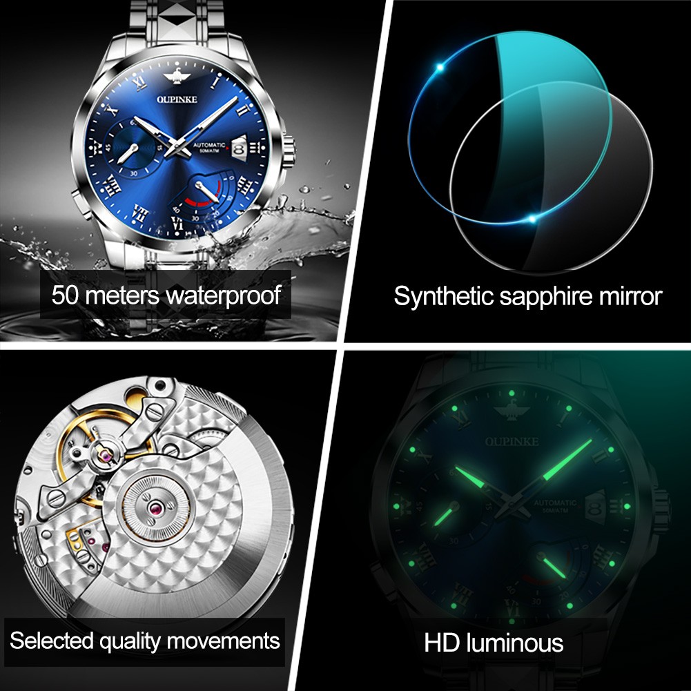 OUPINKE Top Brand Mechanical Wristwatch Luxury Sapphire Glass Automatic Watch Stainless Steel Waterproof 50M Fashion Men Watches