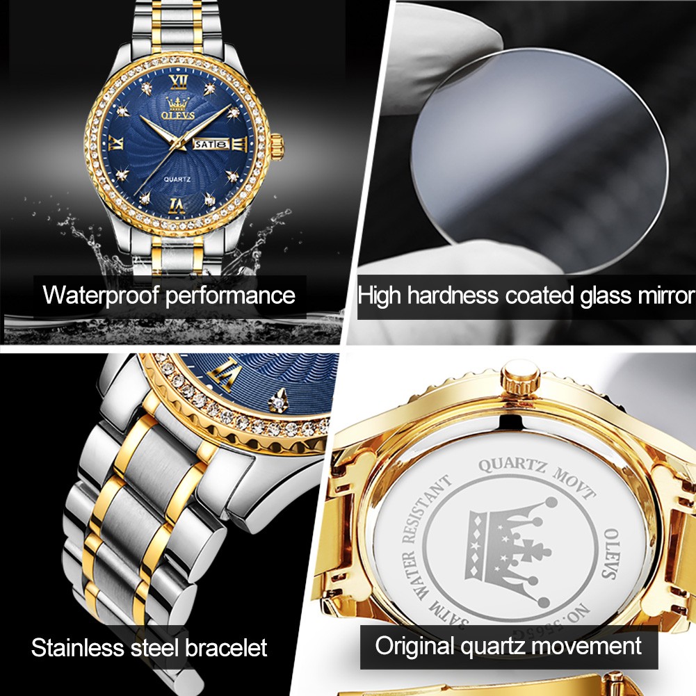 OLEVS Quartz Stainless Steel Strap Men's Wristwatches Waterproof Business Golden Diamond Inlaid Luxury Watch For Men Luminous