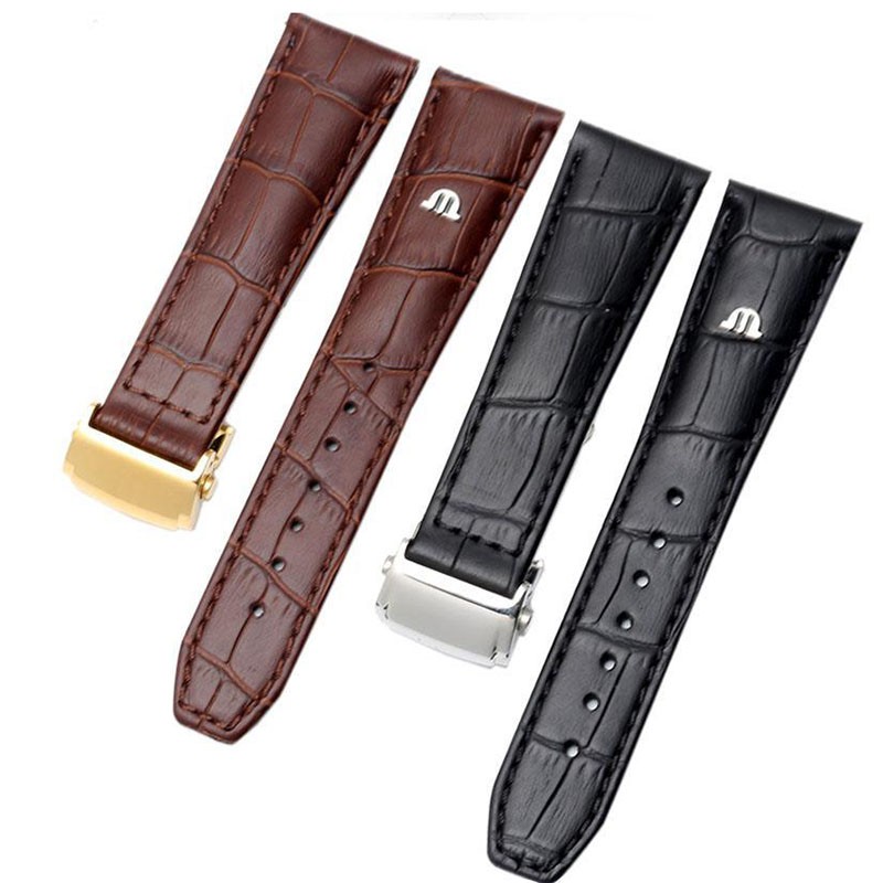 For Morris LACROIX Eliros watchband first layer calf leather 20mm 22mm with folding buckle black brown cow genuine leather strap