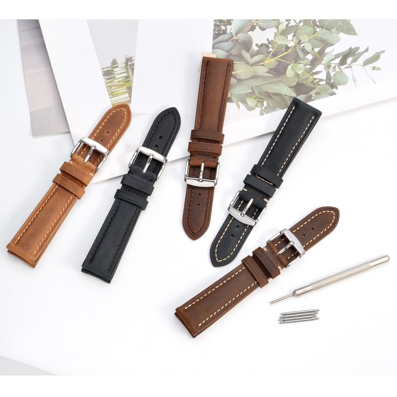 Anbeer 14mm-24mm watch strap, retro genuine leather watchband, vintage replacement bracelet for men women, polished buckle