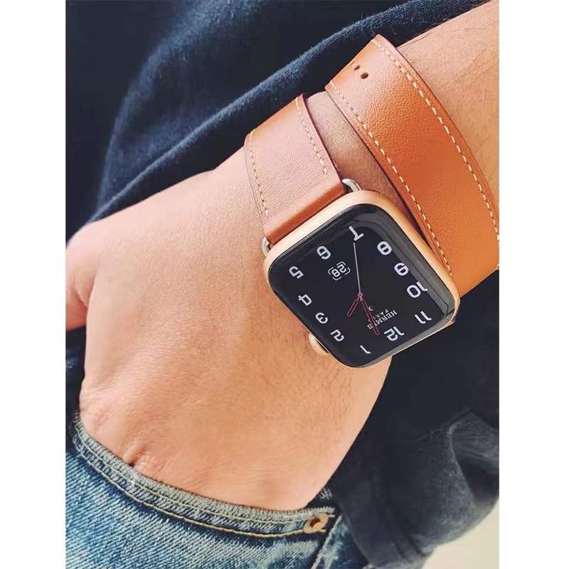 Double Round Leather Loop for Apple Watch Band SE 7 6 5 40 44mm Korea Bracelet for iWatch Series 41 45mm 38 42mm Strap Wristband