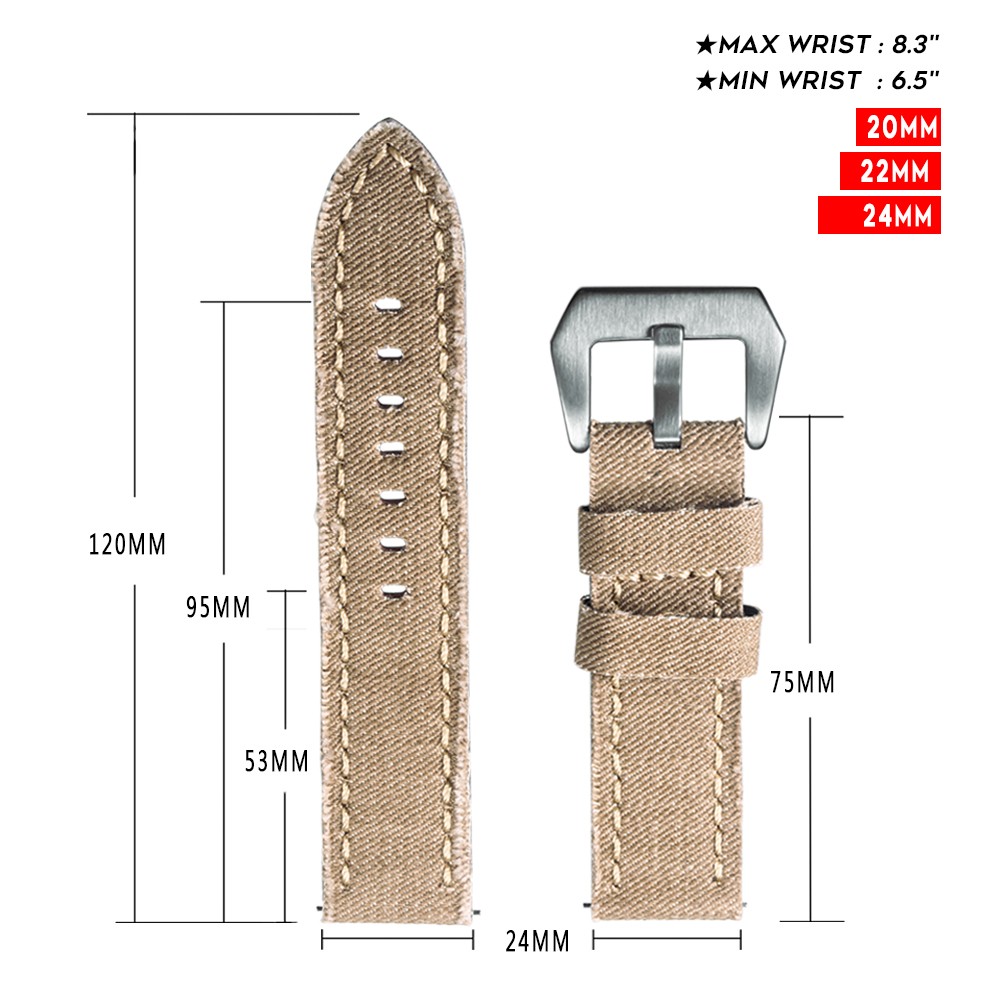 Hemsut Canvas Watch Bands Quick Release Premium Denim Khaki Two Pieces Watch Straps Matt Steel Buckle 20mm 22mm 24mm