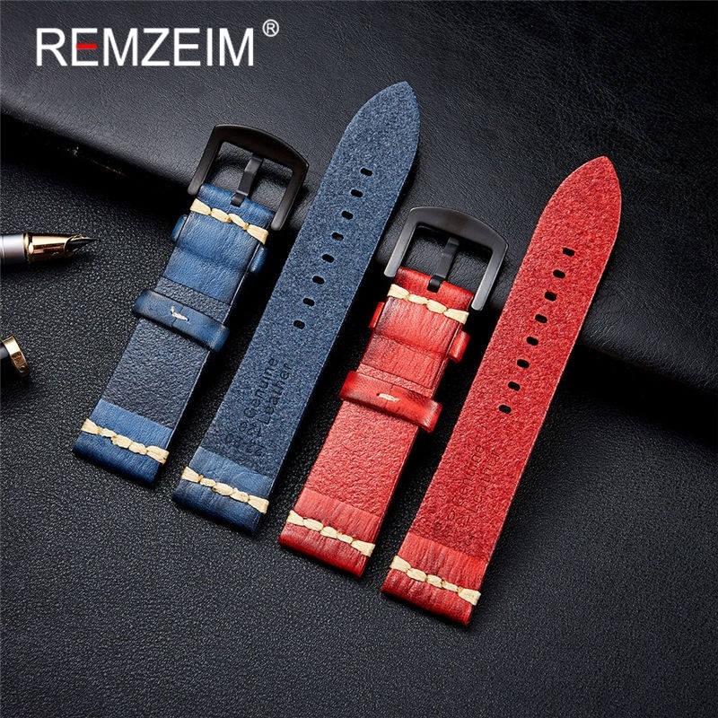 REMZEIM Retro Handmade Genuine Leather Strap Vegetable Tanned Leather Watchband 18 20 22 24mm High Quality Business Watch Band