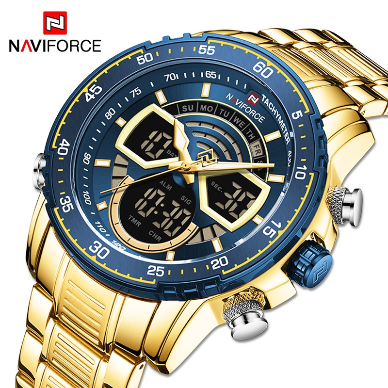 NAVIFORCE Men Sports Military Waterproof Watches Luxury Analog Quartz Digital Wrist Watch for Men Stainless Steel Gold Watches