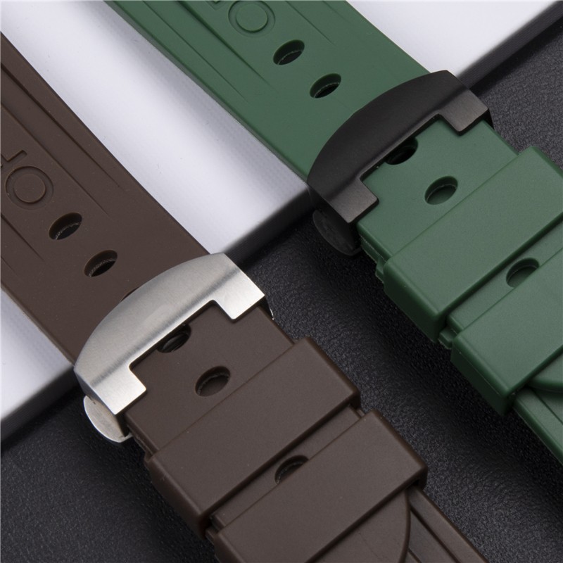 24mm Army Green Brown Silicone Rubber Watchband For Panerai Pam 111 368 389 351 441 Watch Strap Men Metal Clasp Accessories
