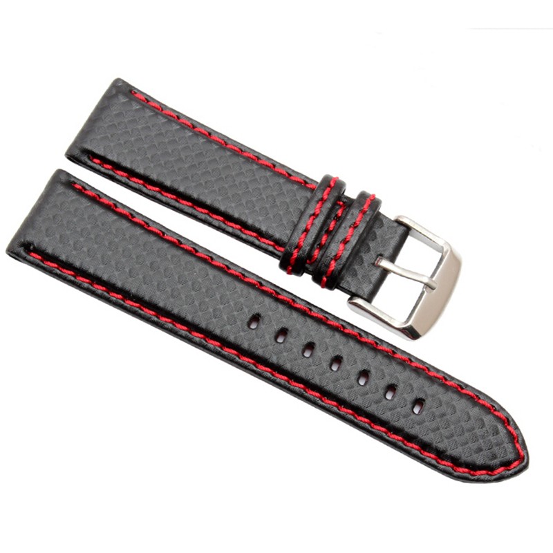 New 18mm 20mm 21mm 22mm 23mm durable orange stitching carbon fiber man black genuine leather with silver buckle watchband strap