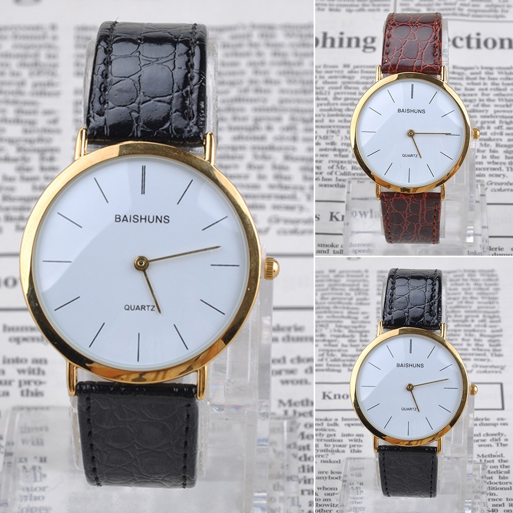 Men Gold Frame Gift Easy Read PU Leather Round Dial Portable Quartz Fashion Simple Pointer Wrist Watch