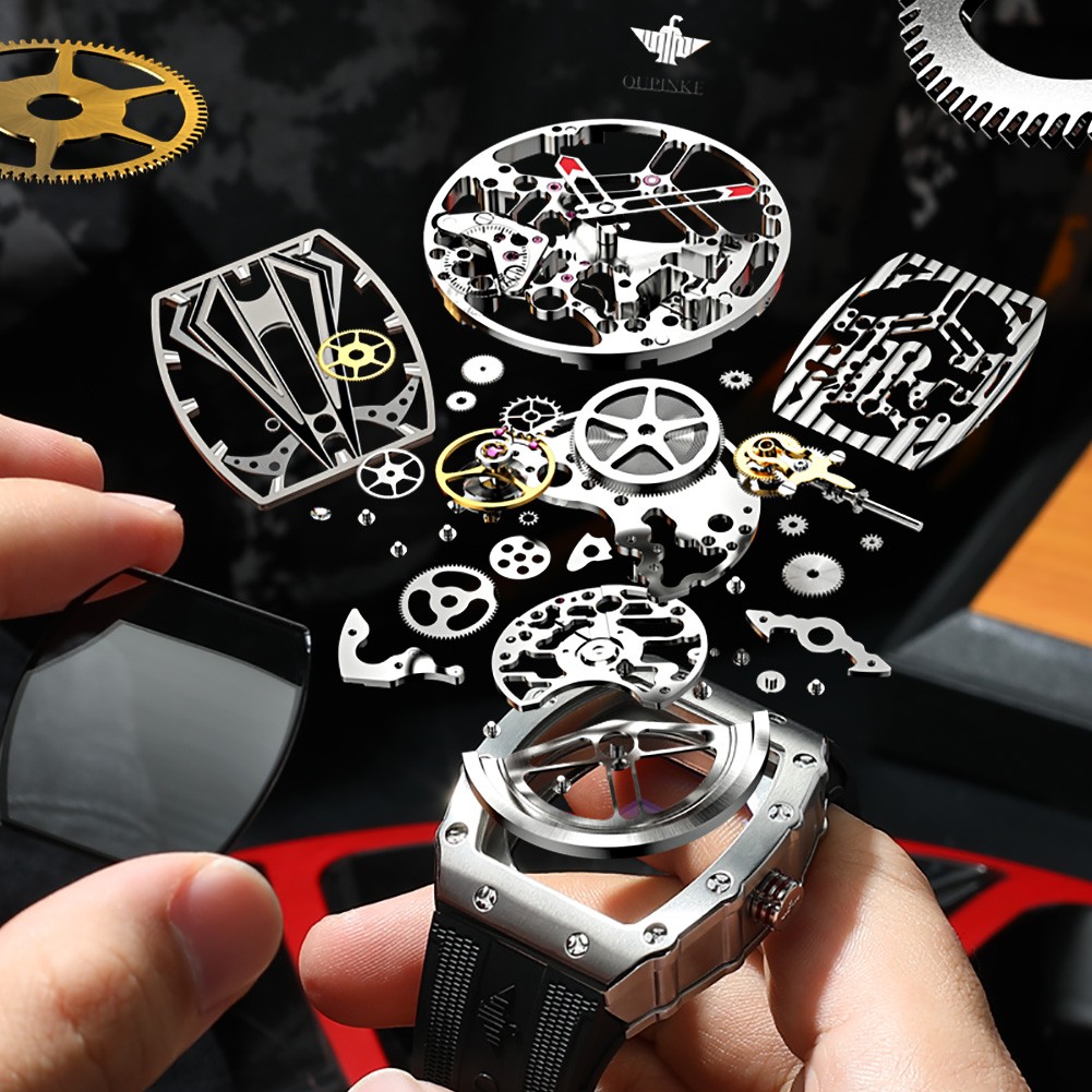 OUPINKE Luxury Watches Men Automatic Mechanical Silicone Sapphire Mirror Tonneau Skeleton Watch Waterproof Top Brand Sport