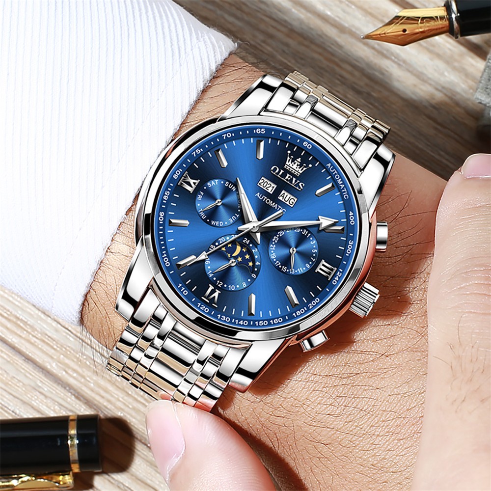 OLEVS Men's Mechanical Watch Fashion Moon Phase Watch Waterproof Luxury Brand Mens Wristwatches Automatic Multifunction