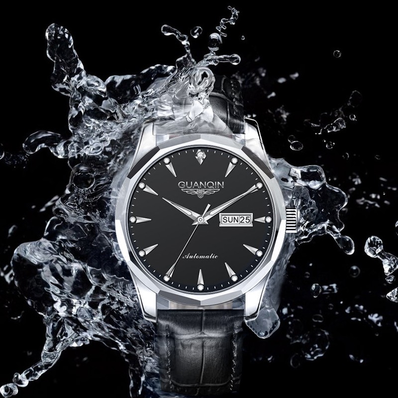 GUANQIN Mens Wristwatches Automatic Mechanical Luxury Waterproof Watch for Men NH36 Japan Movement Black Sapphire Leather Band