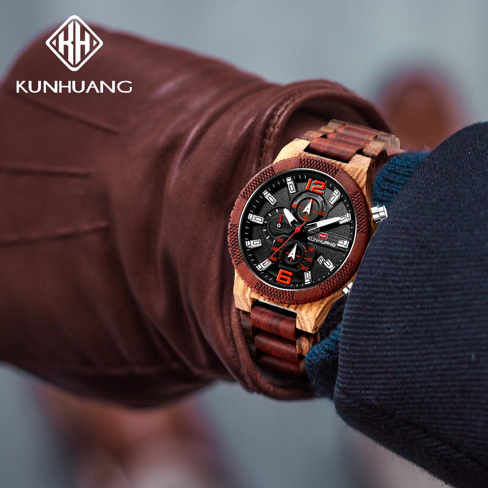 Kunhuang Wooden Men's Watch Red Sandal Wooden Watches Luxury Brand Luxury Quartz Multifunction Double Watch relógio masculino