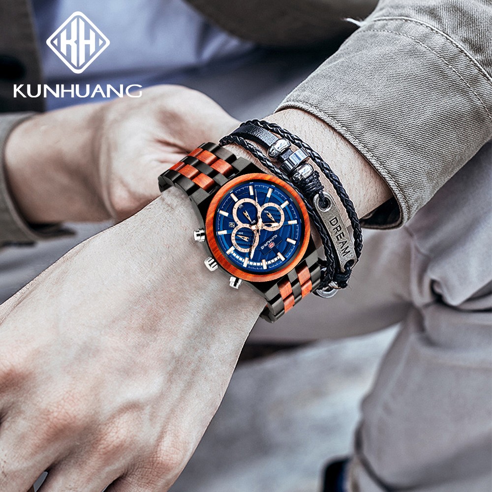 Kunhuang New Wooden Watch Men Luxury Chronograph Ebony Quartz Watch Blue Dial Metal Glass Mirror Wooden Box