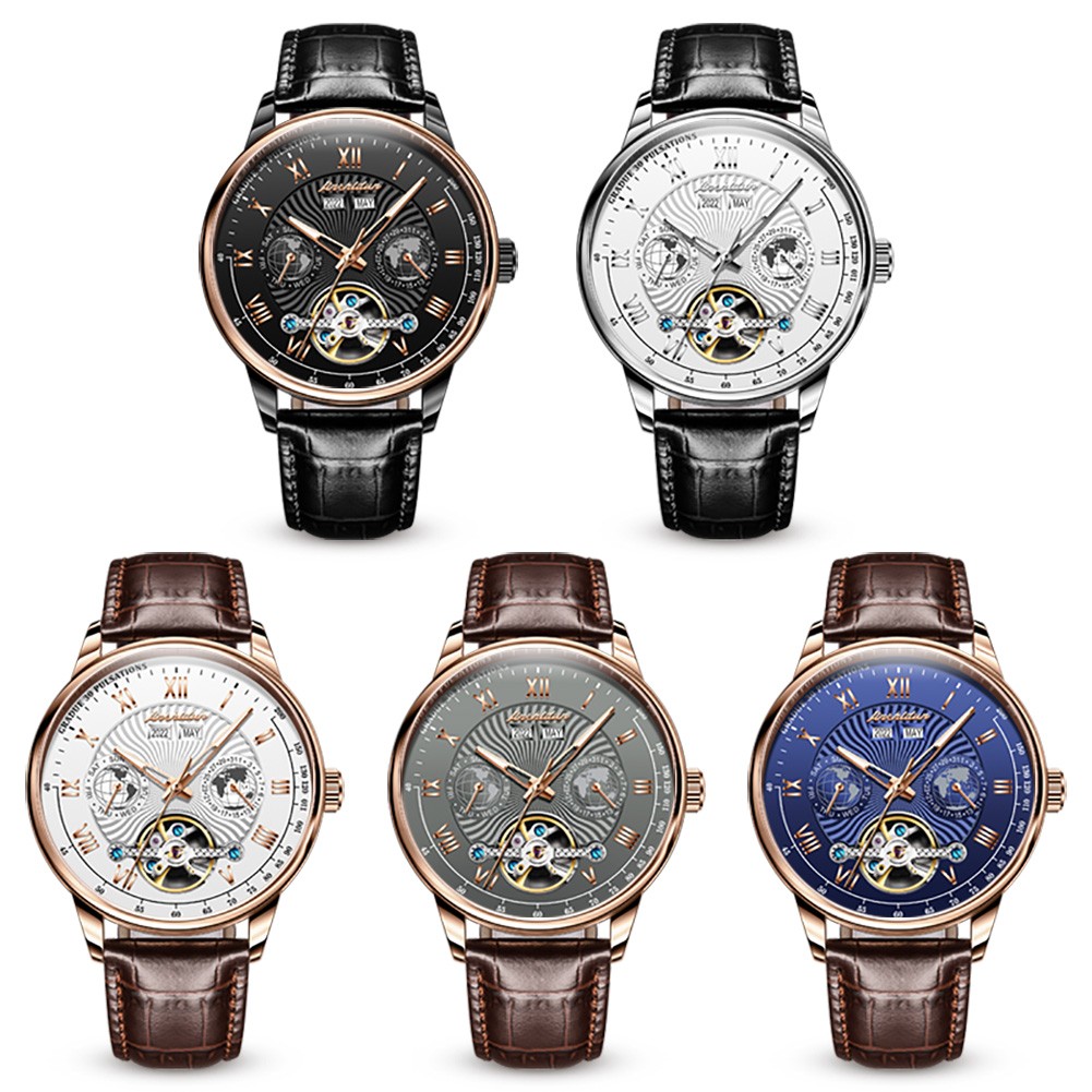 Original JSDUN Luxury Automatic Men's Watch Mechanical Leather Waterproof Brand Tourbillon Weekday Hollow Wristwatches