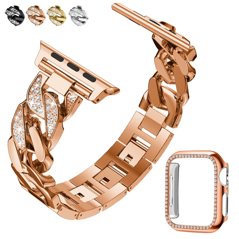 Luxury Diamond Watchband for Apple Watch Series 7 6 SE 5 4 3 Wrist Strap Link Bracelet for iWatch 38 41 42 45mm Metal Steel Strap