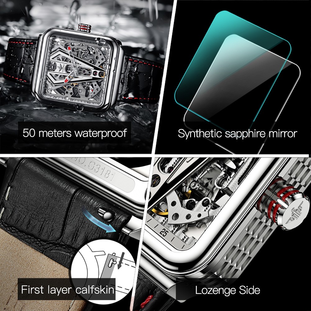 OUPINKE Automatic Watch Men Skeleton Mechanical Watch Steampunk Sapphire Crystal Square Leather Transparent Sports Wristwatches