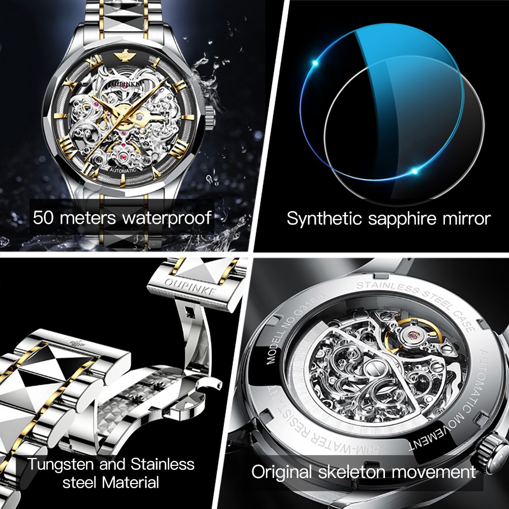 OUPINKE Mens Automatic Mechanical Watches Business Luxury Tungsten Steel Waterproof Wristwatch Men Fashion Watch Diver