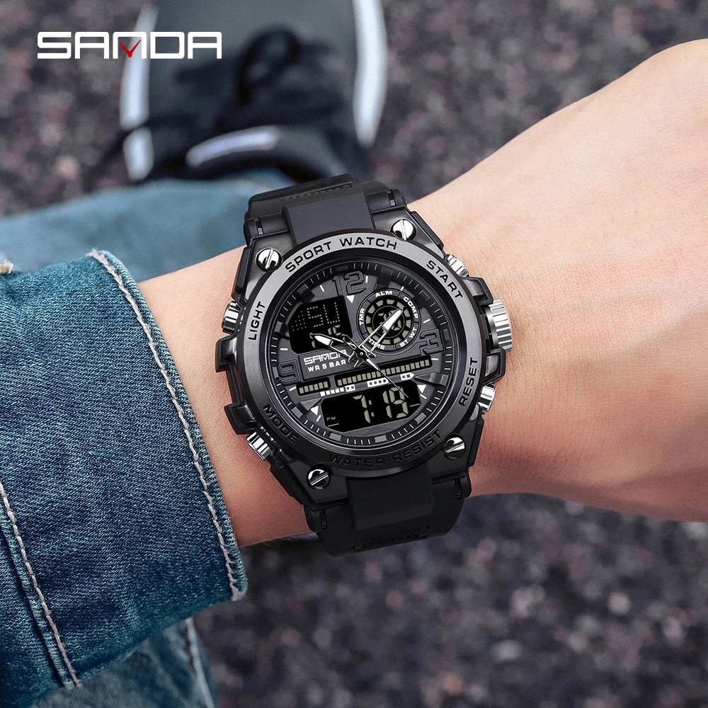 SANDA High Quality Men's Watch Luminous Dual Time Display Digital Watches Shock Resistant Stopwatch Men Sports Wristwatch