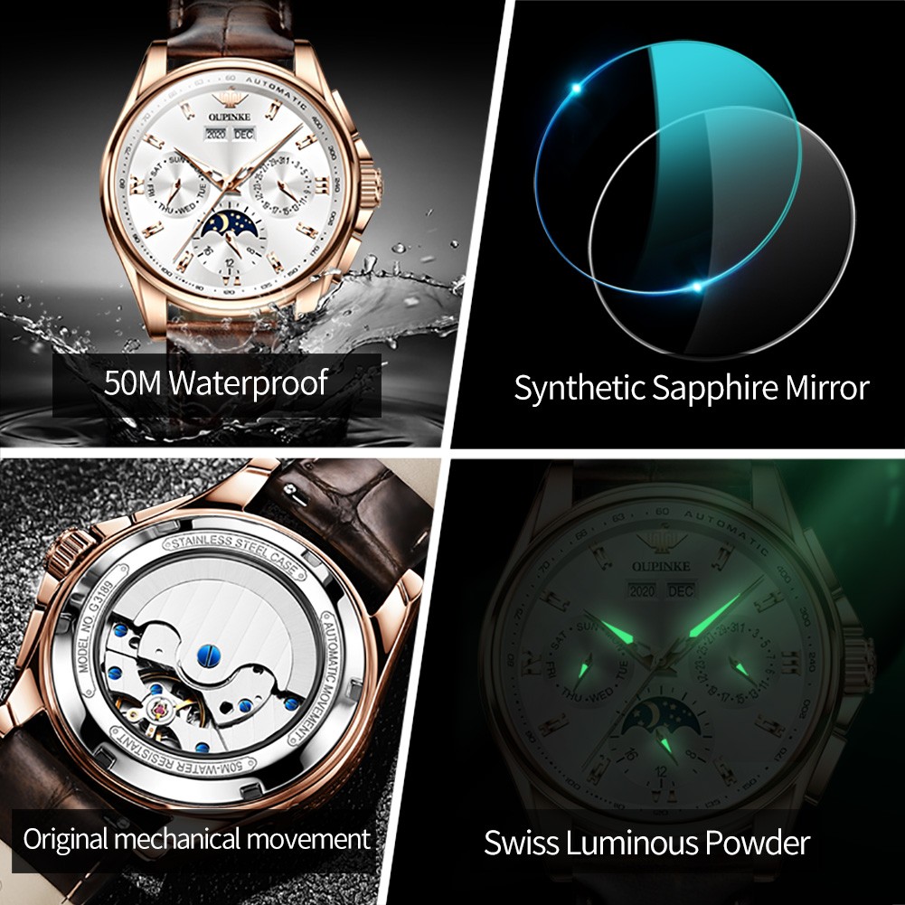 OUPINKE Men's Mechanical Watch Luxury Brand Automatic Watch for Men Leather Sapphire Waterproof Sport Moon Phase Wristwatch