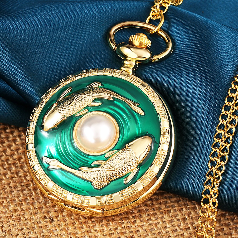 Valentine's Day Gift Green Glue Dripping Pisces Pearl Pattern Gold Personalized Quartz Pocket Watches for Boyfriend Girlfriend