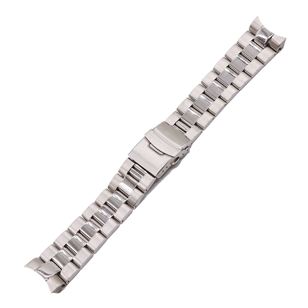 Rolamy - Curved End Watch Band, Silver, Solid, 22mm, Replacement, Double Push Buckle for Seiko