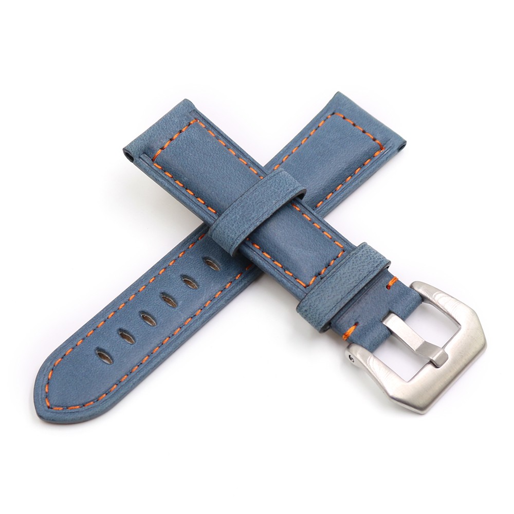 Rolamy - Watch strap 22 24mm, polished silver buckle watch strap, blue, genuine leather, handmade, thick, antique