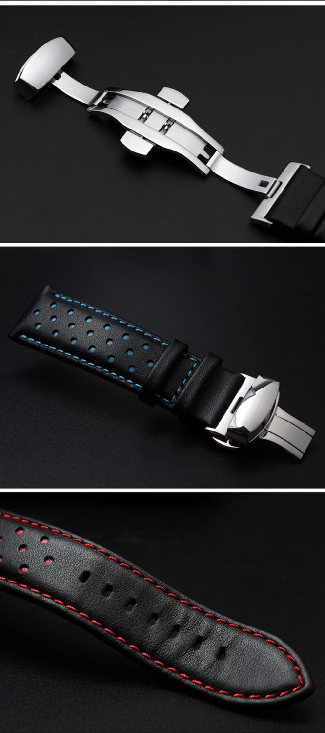 Replacement watch strap, 20mm, 22mm, real cowhide leather, handmade, black, red, blue, double push buckle