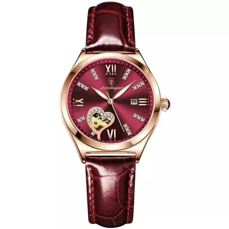 POEDAGAR 2022 Women Watches Fashion Leather Romance Red Dial Luxury Ladies Watch Waterproof Quartz Date Swiss Brand Wristwatch