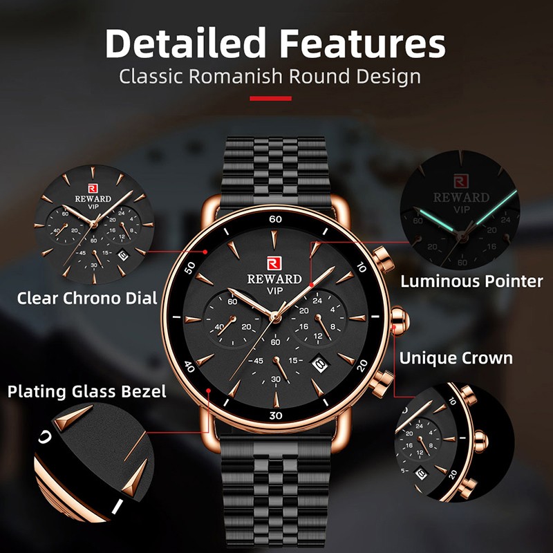 Reward luxury brand watch for men women stainless steel chronograph waterproof wristwatches fashion male female match watch