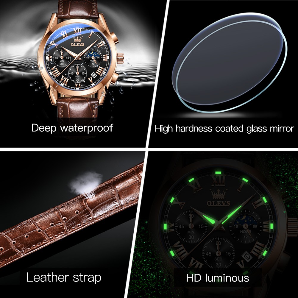 OLEVS Elite Mens Quartz Watches Business Dress Waterproof Wristwatch Men Luxury Luminous Breathable Leather Sport Watch Men Gift