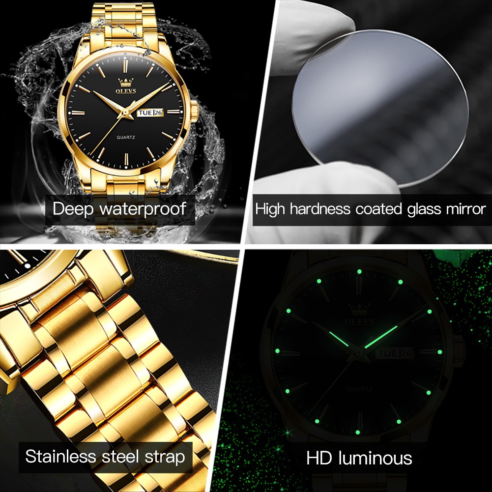 OLEVS Men's Watches Water Resistant Stainless Steel Gold Color Luxury Brand Quartz Men Wrist Watches