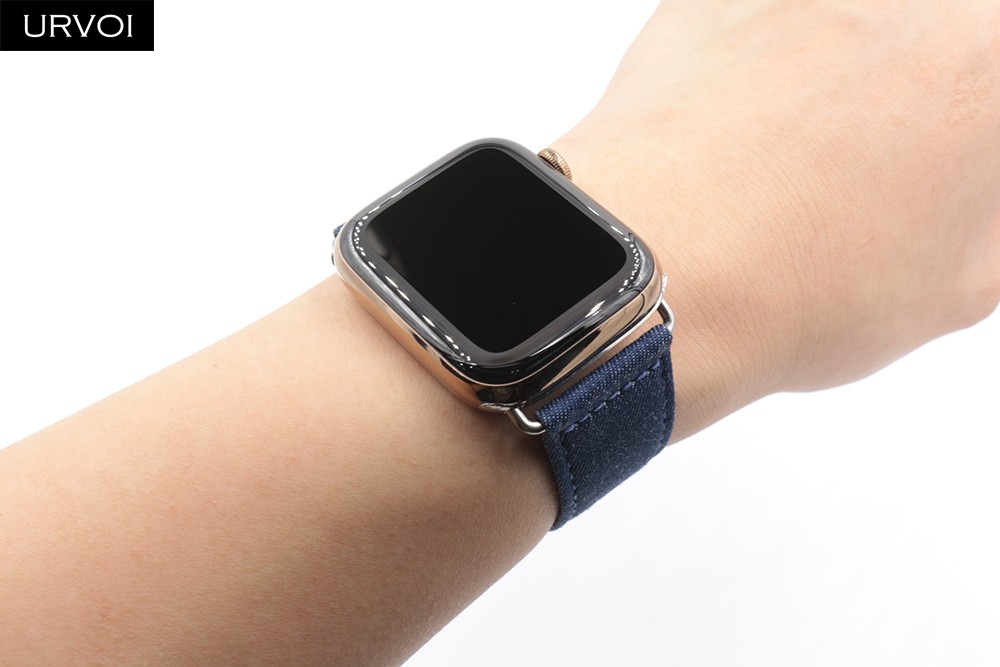 URVOI Band for Apple Watch Series 7 6 SE 5 4 3 2 1 Strap for iwatch Blue Denim Jeans Leather Back Band Classic Buckle 41 45mm