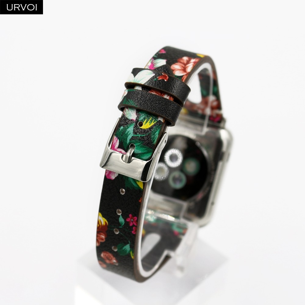 URVOI Leather Band for Apple Watch Series 7 6 SE 5 4 3 Strap for iwatch 41 45mm T Hole Flowers Printed Wrist Women Band