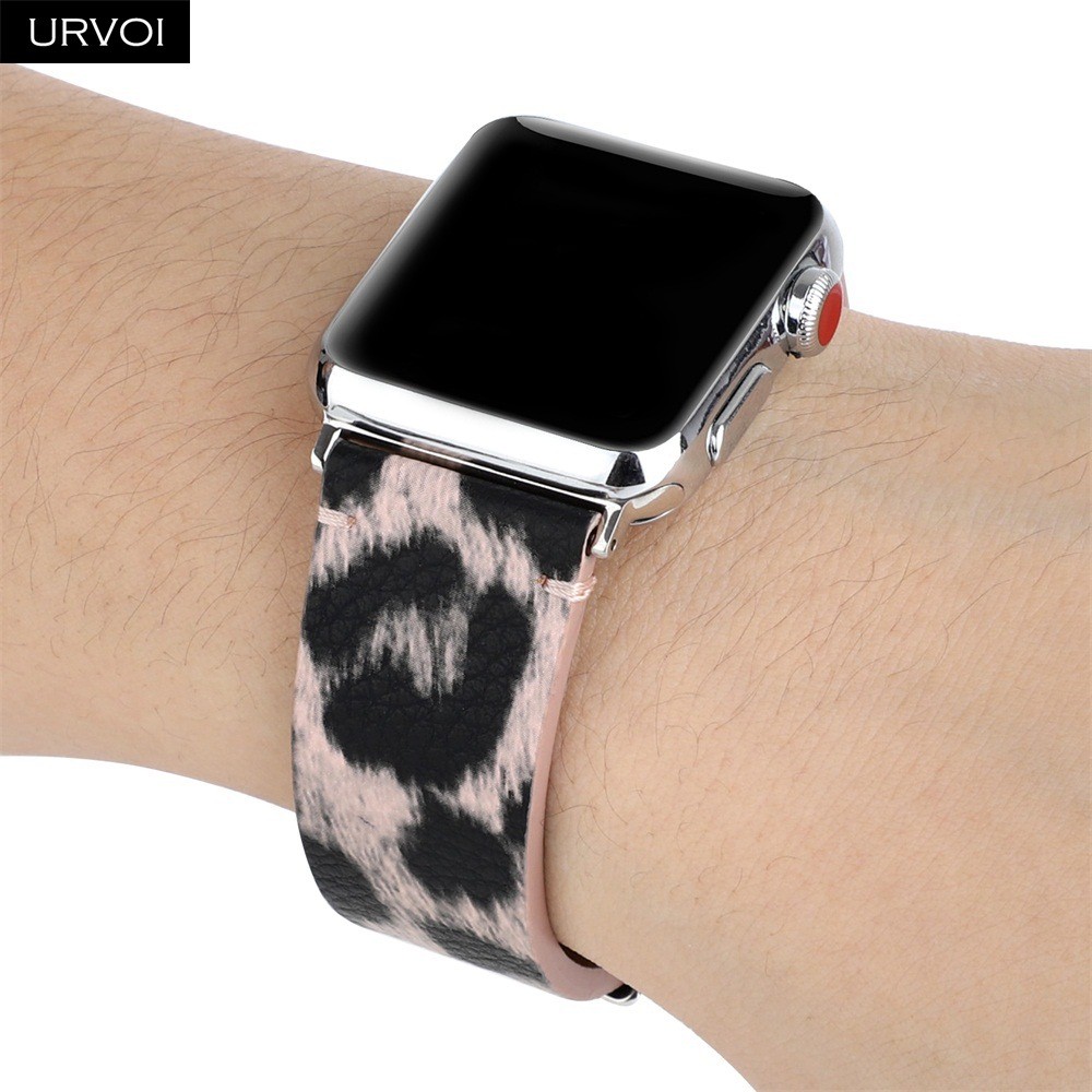 URVOI Leather Strap for Apple Watch Series 7 6 SE 5 4 3 2 1 Printing Strap for iWatch PU Leather Leopard Modern Style 41 45mm