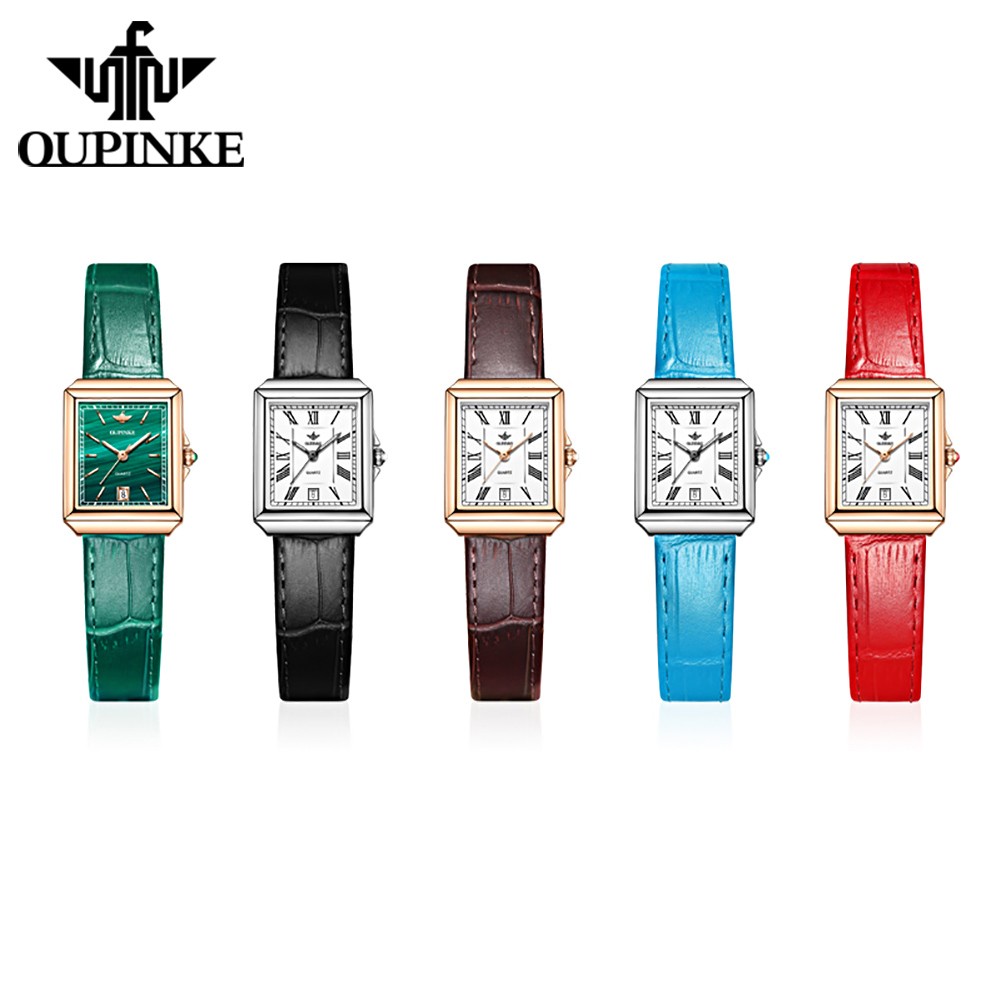OUPINKE Retro Luxury Casual Women Wristwatches Genuine Leather Strap Waterproof Quartz Watches for Women Calendar