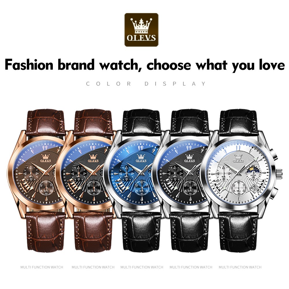 OLEVS Luxury Watch Men's Multifunctional Quartz Watch Business Style Leather Strap Waterproof Mens Calendar Chronograph Watch