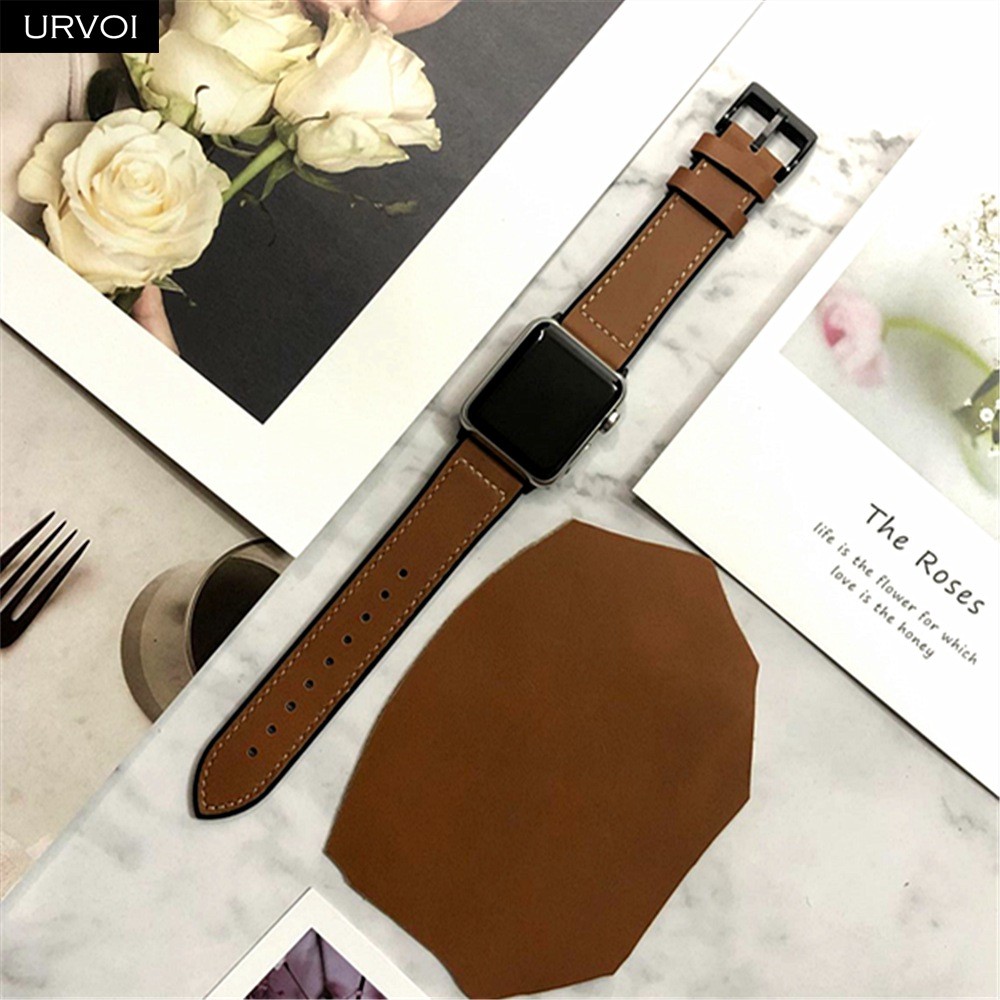 URVOI Strap for Apple Watch Series 7 6 SE 5 4 3 2 1 Leather Strap Silicone Back for iwatch Strap Breathable 41 45mm Buckle Black