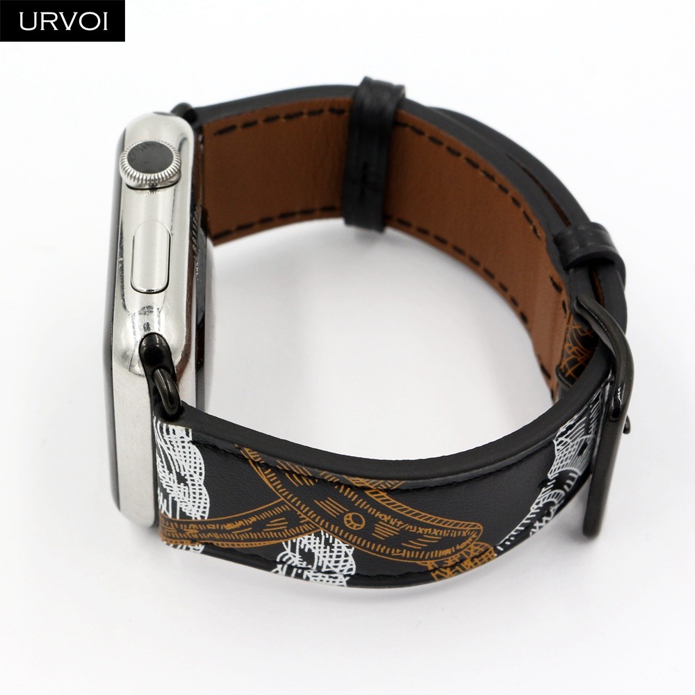 URVOI Printed One Round for Apple Watch Series 7 6 SE 5 4 3 2 Band Swift Leather Strap for iWatch 41 45mm Handmade Wristwatches 2020