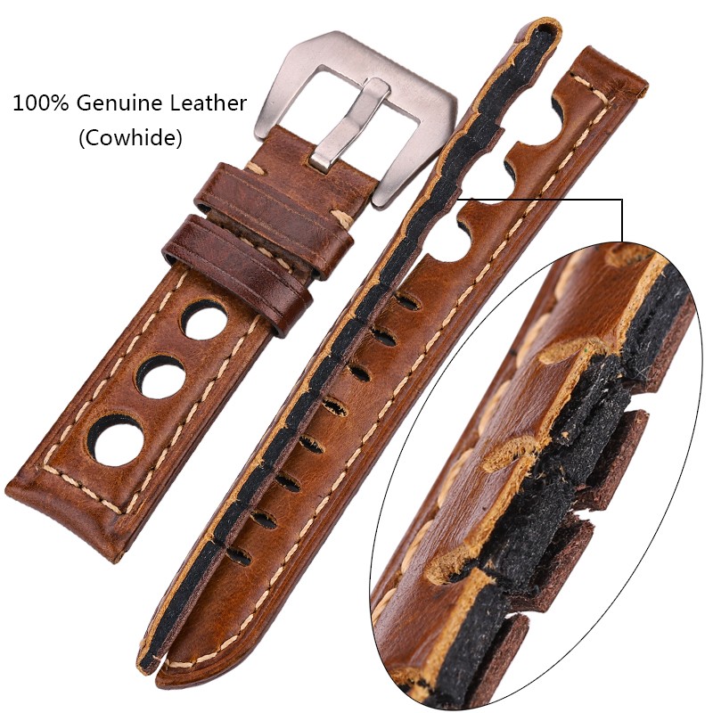 Cowhide Oil Wax Leather Watch Band, 22mm, 24mm, Dark Brown, for Men and Women, Genuine Leather, Fashionable, with Pin Buckle