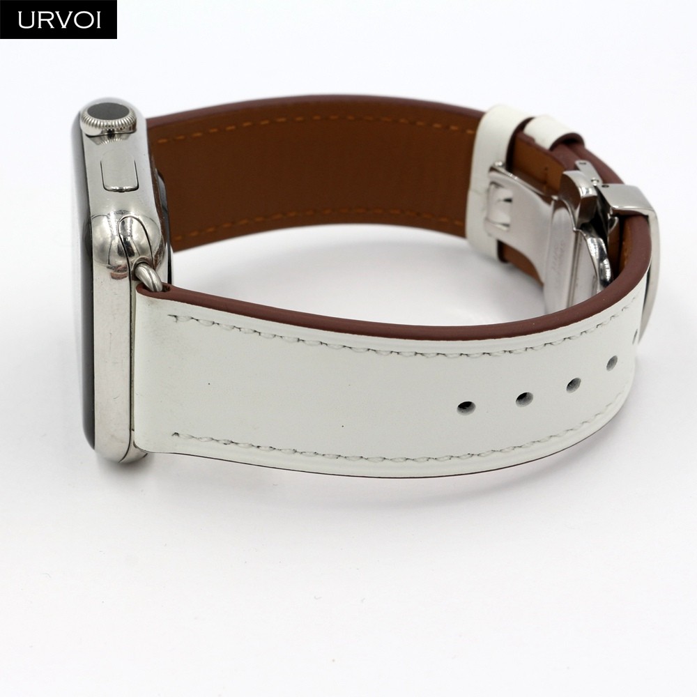 URVOI Deploy Buckle Band for Apple Watch 7 6 SE 5 4 3 Leather Strap for iwatch 41mm 45mm Single Round Design Butterfly Buckle