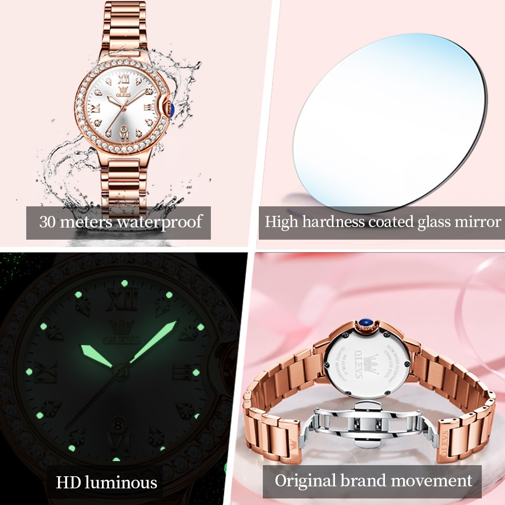 OLEVS Watch for Women Waterproof Diamond Luminous Quartz Women Watch Set Stainless Steel Rose Gold Luxury Top Brand Wrist watch