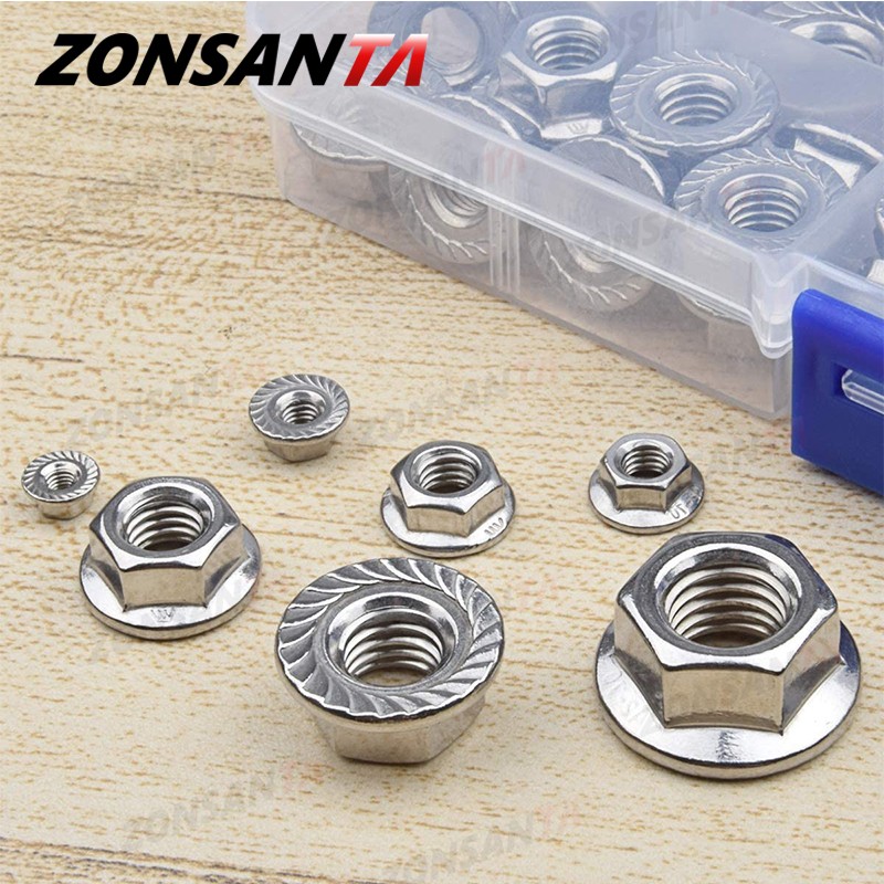 ZONSANTA160pcs حافة سداسية الأشكال المكسرات M3 M4 M5 M6 M8 M10 M12 304 الفولاذ المقاوم للصدأ العالمي Locknuts مجموعة تشكيلة كيت DIN6923