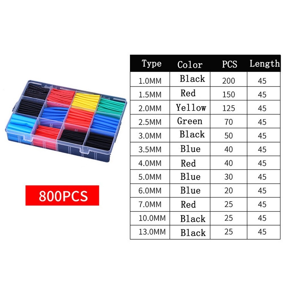 800pcs 127pcs Polyolefin Shrinkable Assorted Heat Shrink Wire Tube Insulated Cable Sleeving Tubing Set 2:1 Waterproof Pipe Sleeve