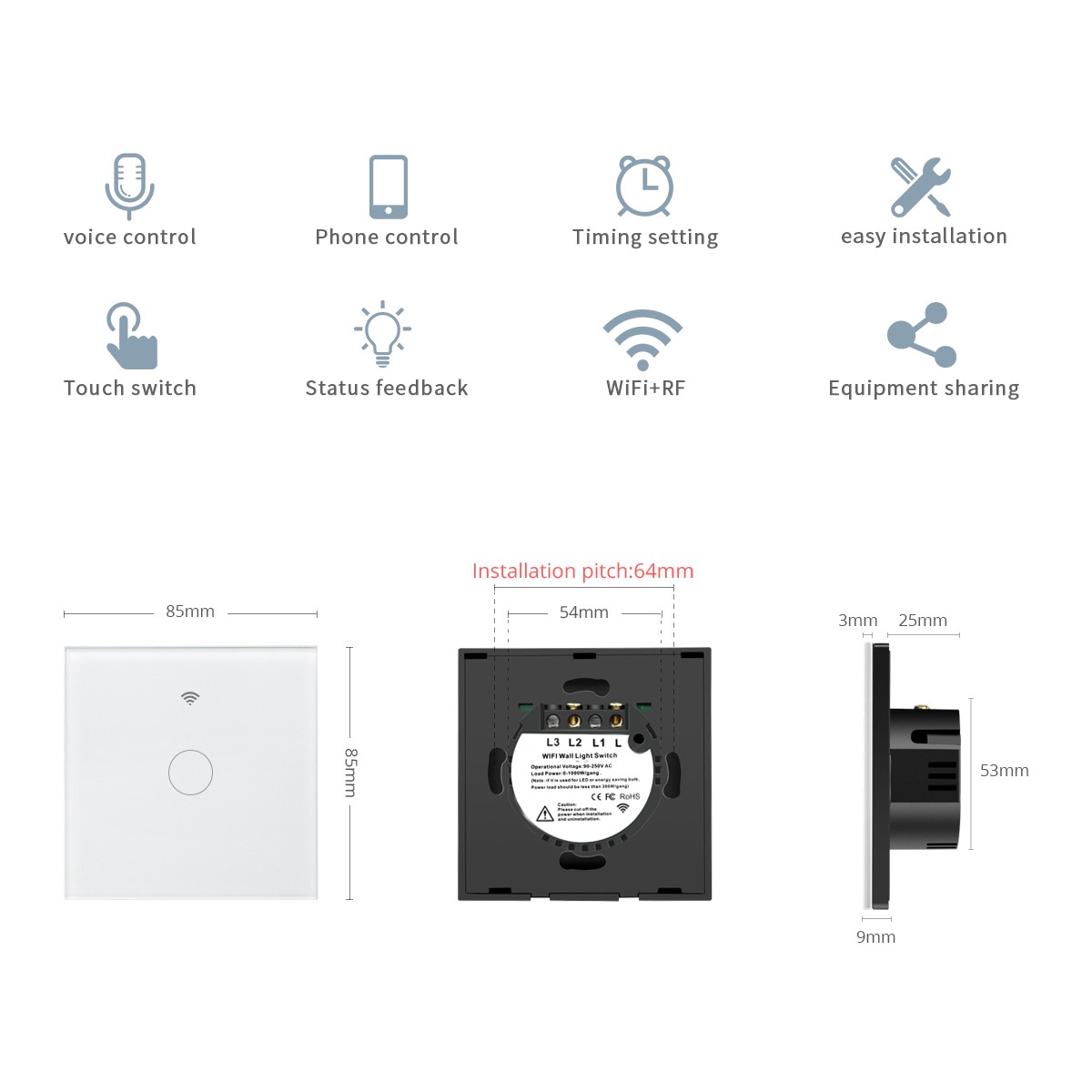 Tuya - Connected Wall Switch, Wi-Fi, Touch Sensor, 110V/220V, Neutral Wire Required, Voice Control, Compatible with Alexa and Google Home