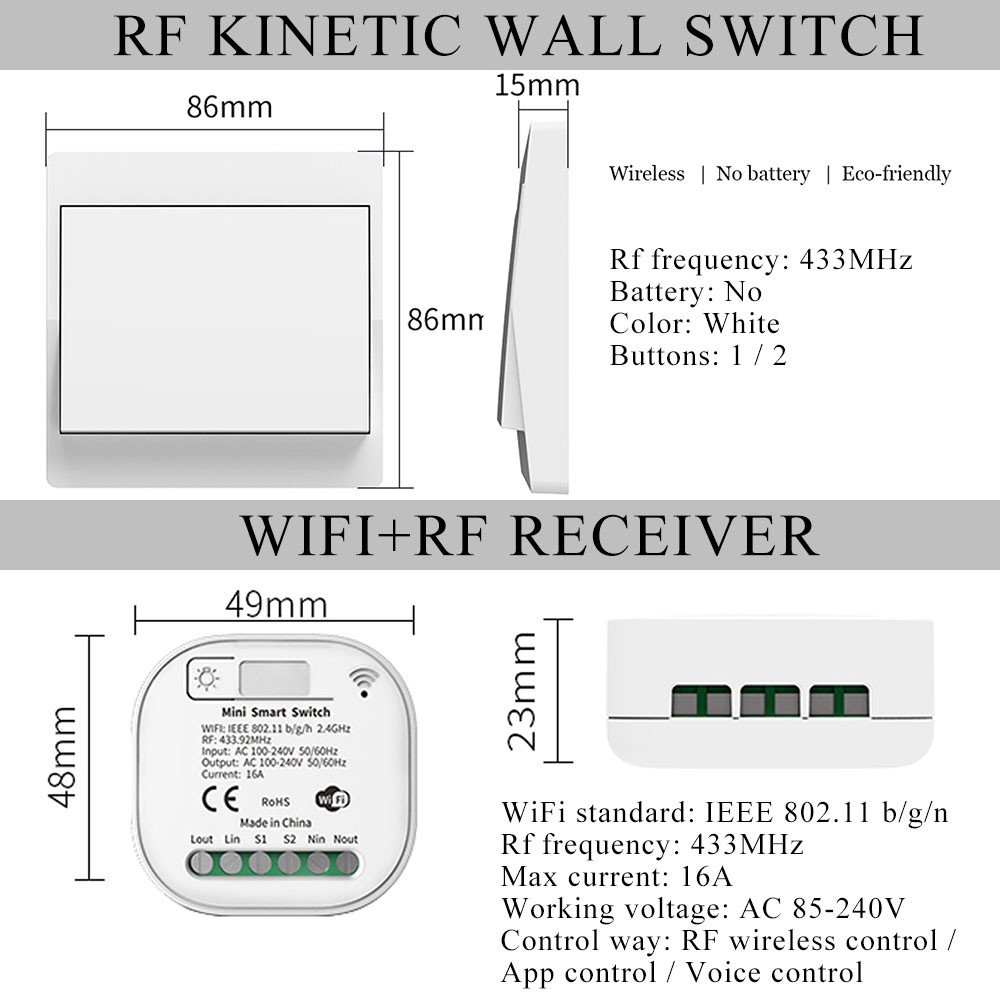 Tuya Smart WiFi and Rf Light Switch 433MHz Kinetic Wall Switch No Battery Needed Wireless Remote Control Timing 220V 16A for Alexa